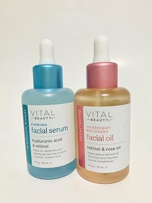 Bundle of Vital Beauty Firming Facial Serum Hyaluroni Acid & Retinol and Overnight Recovery Facial Oil Retinol and Rose Oil, Total of 2 items of 2fl each