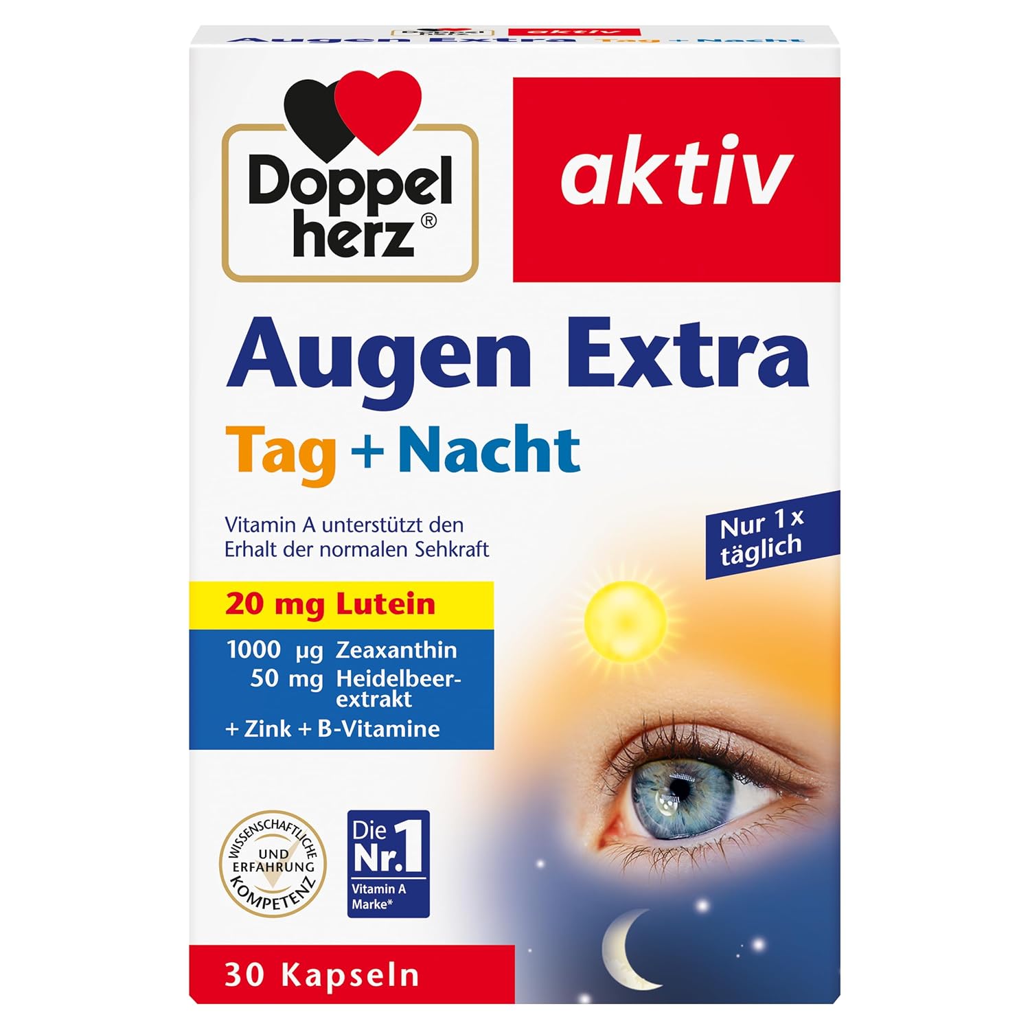 Doppelherz Eyes Extra Day + Night - With Lutein Zeaxanthin - 5 Vitamins Plus Folic Acid - 30 Capsules