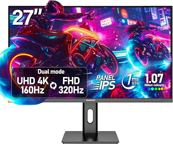 Gawfolk 27" 4K Gaming Monitor UHD 160Hz/ FHD 320Hz Dual Mode PC Monitor | IPS Computer Screen Built-in Speakers | PIP/PBP multitasking | HDMI 2.1 & DP 1.4 | VESA 7575mm | For PS5, Xbox, PC gaming