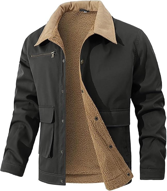 HYPESTFIT Mens Winter Jackets Sherpa Fleece Lined Warm Cargo Trucker Coat Multi Pocket