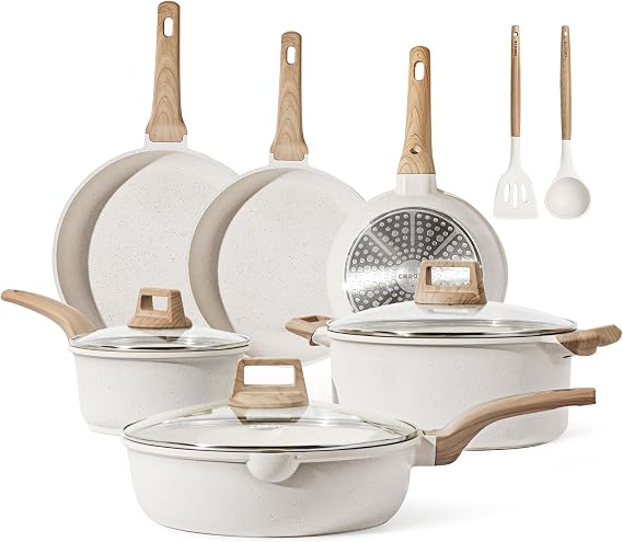 CAROTE Pots and Pans Set Nonstick, cookware sets 11 pcs, kitchen cooking set cookware w/Frying Pans & Saucepans(PFOS, PFOA Free) White A07001