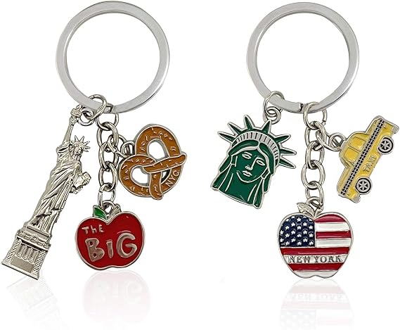 NYC Metal Keychain, New York Souvenir Color Key Ring, 2 Pack, The Statue Of Liberty, USA Flag, The Big Apple
