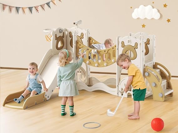 Toddler Slide, 11 in 1 Toddlers Playset New Upgrade with Kids Slide, Drawing Board, Golf Set, Basketball Hoop and Storage Space for Toddler Age 1-3, Backyard Playground Indoor and Outdoor (Coffee)
