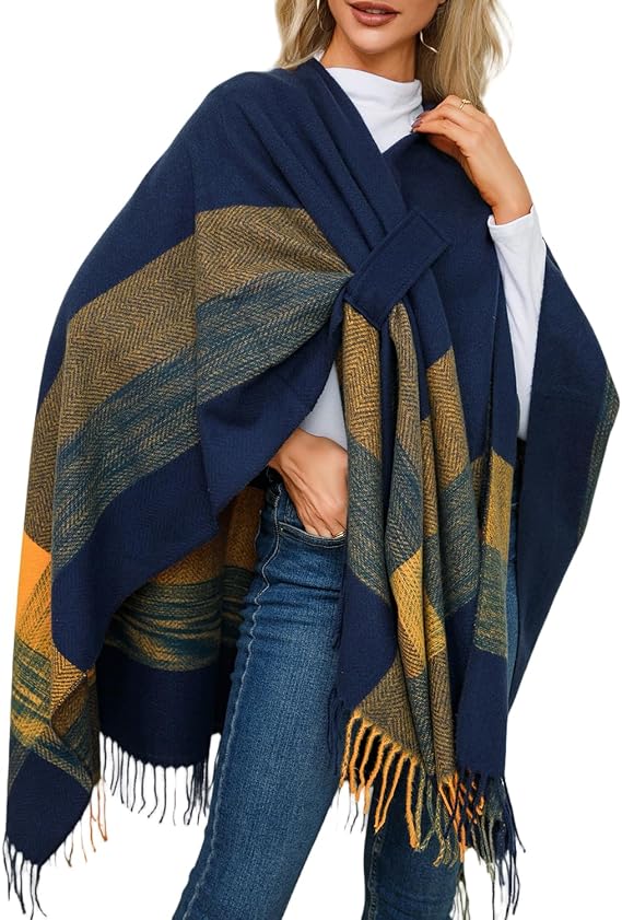 Xixiuly Women's Color Block V Neck Batwing Sleeve Faux Fur Tassel Shawl Wrap Cross Cloak Cape Open Front Cardigan Warm Coats