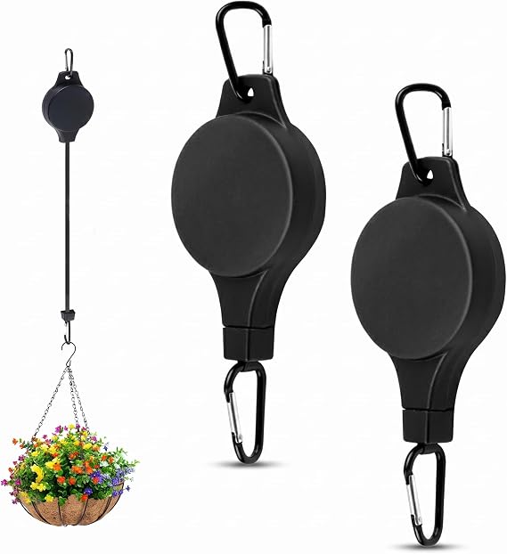 Hanging Basket Pulley, Adjustable Retractable Plant Hanger Hook for Bird Feeders & Hanging Baskets, Pull Down Rise and Fall Plant Pulley System for Garden & Home Use (2PCS)