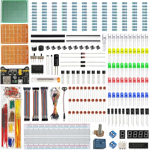 Electronics Component Fun Kit w/E-Book, Upgraded Electronic Starter Kit with Breadboard Jumper Wires Kit, PCB Soldering Kit, LEDs & Resisitor Kit for Arduino/for Raspberry pi/ESP32/ESP8266