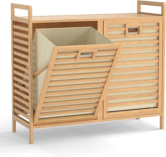 THEGA Bamboo Laundry Hamper, 75L Double Tilt-out Laundry Basket With Top Shelf And 2 Pull-out Removable Bags, Freestanding Dirty Clothes Sorter Washing Bin Organiser Unit For Bathroom Bedroom