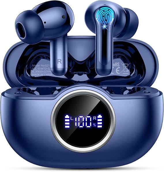 Wireless Earbuds, 2025 Bluetooth 5.4 Headphone 3D Bass Hi-Fi Stereo Ear Buds, 4 ENC Noise Cancelling Mic, 40H 3g USB-C in-Ear Earphone, IP7 Waterproof Workout Sport for Laptop Pad Android iOS, Blue