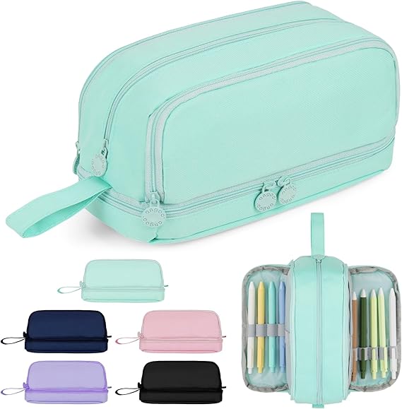 Large Capacity Pencil Case, Pencil Case 4 Compartments with Zipper Portable Handle, Beautiful Stationery Organizer for Boys Girls Teen College Students School Adults & Office Supplies Green