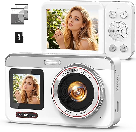 Digital Camera, 5K 80MP Dual Screen, Auto Focus for Beginners Teens