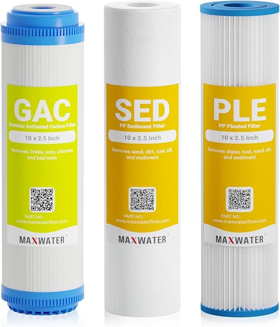 (3 Pack) Whole House Well Water Pleated, Polypropylene Sediment, GAC Coconut Shell Carbon Water Filters for Standard Whole House Filtration Systems Cottage/Well Water