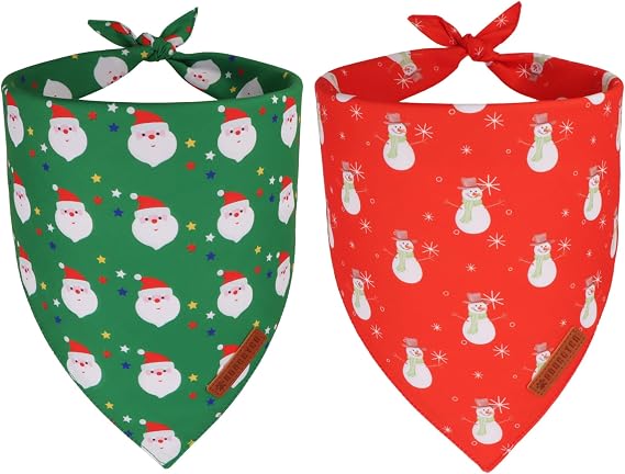 Christmas Dog Bandanas 2 Pack, Reversible Santa Snowman Xmas Pet Scarf Bib, Adjustable Fit Red Green Christmas Bandana for Medium Large Dogs (Large)