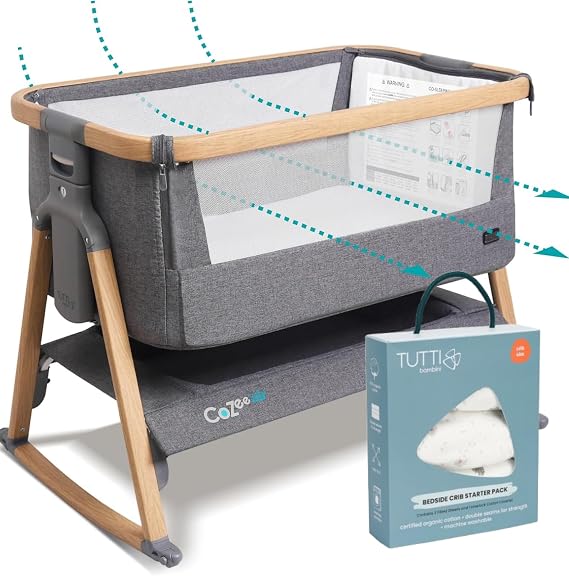 Tutti Bambini CoZee Air Bedside Sleeper & Baby Bassinet Bundle with Organic Cotton Bedding Starter Pack (Cocoon) Fast-Folding Co-Sleeper, Rocking Bassinet, Newborn Essentials (Oak & Charcoal)