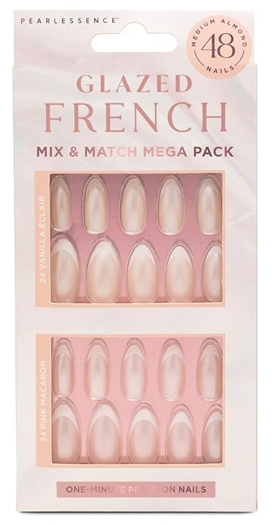 Pearlessence Glazed Glam Mix & Match Press-On Nails | 48-Count Mega Pack | Vanilla Eclair & Pink Macaron | Medium Almond Shape | One-Minute Application