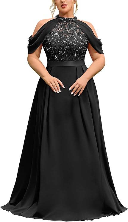 MISSMAY Women's Plus Size Formal Wedding Guest Halter Cape Sleeves Dresses