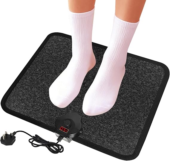 Electric Heated Foot Warmer – 230V Heated Floor Mat Under Desk with 7-Temp Settings & 12H Auto Shut-Off – Heating Pad with Foot Switch & Thermostat (Black-Gray)