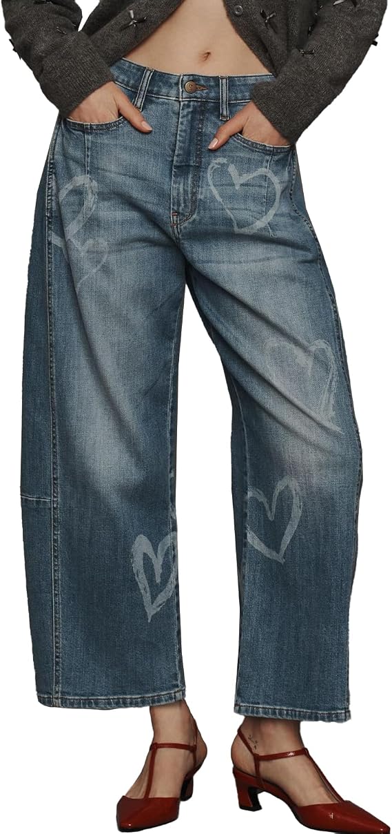 YEXPINE Women's Heart Barrel Jeans Wide Leg Tapered Jeans Baggy Demin Pants with Pockets