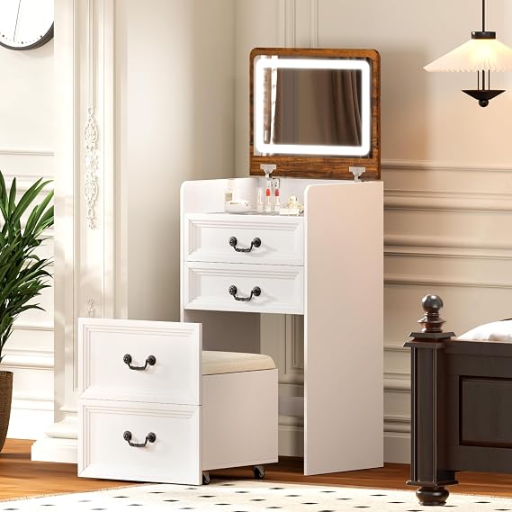 FONTOI Vanity Desk, 3 in 1 Vanity Desk with Hidden Chair, Farmhouse Vanity with Mirror and Lights, Small Makeup Vanity with Charging Station Storage Shelf for Bedroom, White & Brown