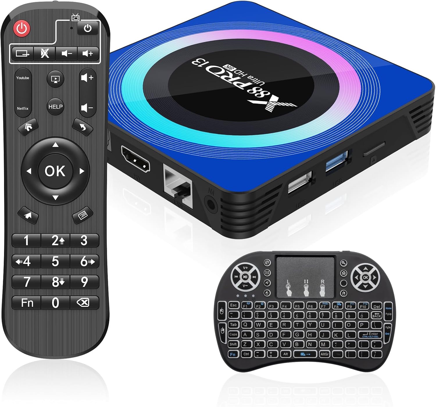 Android 13.0 TV Box, 6K 8K Android Box with 4GB RAM 32GB ROM RK3528 Quad-Core Support WiFi6 2.4Ghz5.0Ghz HDR10 BT 5.0 H.265 USB 2.0 3.0 3D Ethernet with Mini Backlit Keyboard