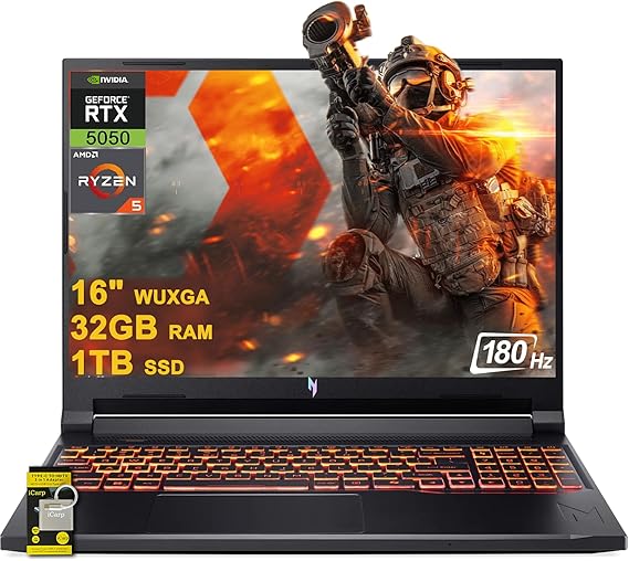 Acer Nitro V 16 AI Gaming Laptop 16" WUXGA IPS 180Hz AMD Zen4 6-core Ryzen 5 240 32GB RAM 1TB SSD GeForce RTX 5050 (Up to 421 AI Tops) Backlit Win11 w/ICP Hub