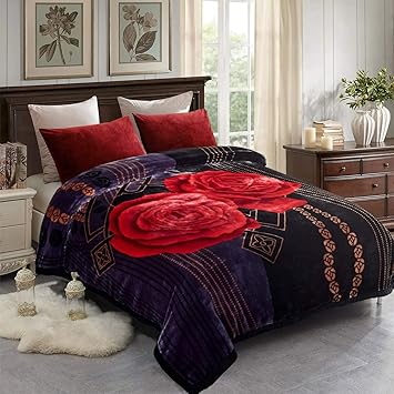 JML Korean Style Raschel Fleece Blanket King Heavy 85" x 95", 10 lbs -2 Ply Double-Printed Reversible Plush Soft Thick Microfiber Bed Blanket, Black Rose