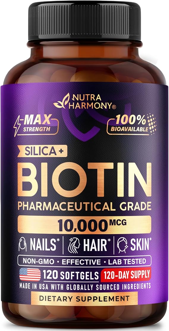 Biotin 10000mcg + Silicon - Pharmaceutical Grade Biotin - 120 Softgels | Biotin Supplement for Hair Growth Support, Skin & Nails for Women - Max Strength & 100% Bioavailability - 120-Day Supply