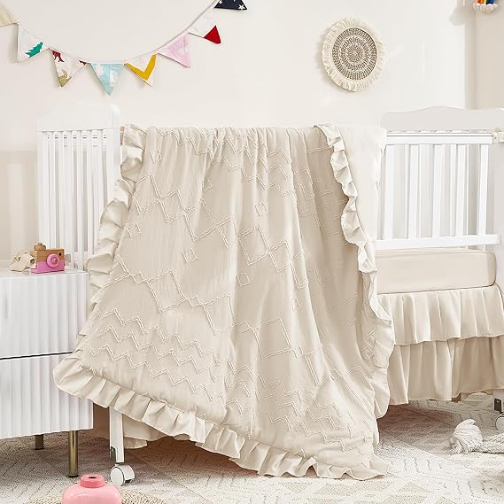 3-Piece Tufted Ruffle Crib Bedding Set for Girls Boys - Soft Cute Nursery Bedding Set Includes Boho Crib Comforter, Crib Sheet, and Crib Skirt (Beige)