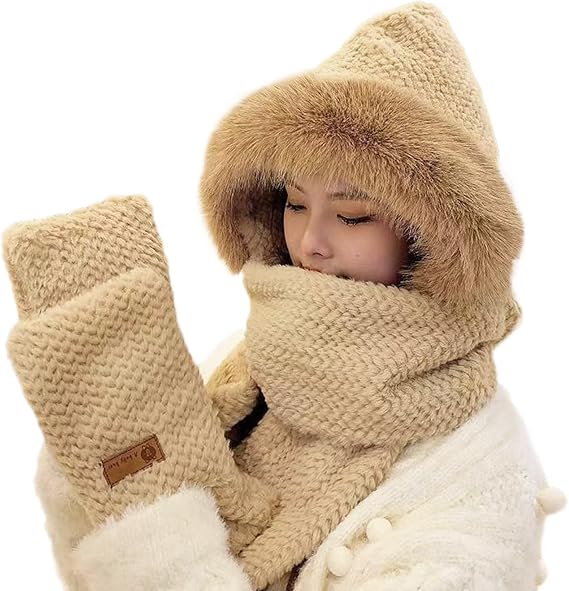 GERINLY Solid Color Hooded Scarf Hat with Mitten Pockets 3 in 1 Knit Winter Accessory
