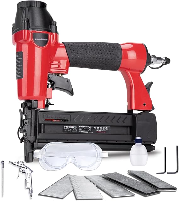 PowerSmart Pneumatic Brad Nailer, 18 GA 2 in 1 Nail Gun and Crown Stapler with 300pcs Nails/ 200pcs Staples, for Carpentry Woodworking DIY Projects