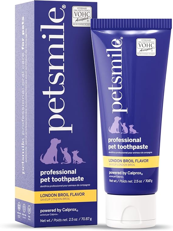 Petsmile VOHC Accepted Pet Toothpaste, London Broil 2.5 Oz, Cats + Dogs | VOHC Accepted, Calprox Powered, Fights Plaque + Tartar, No-Brush Required, Human-Grade, 4-Month Supply, Clinically Proven