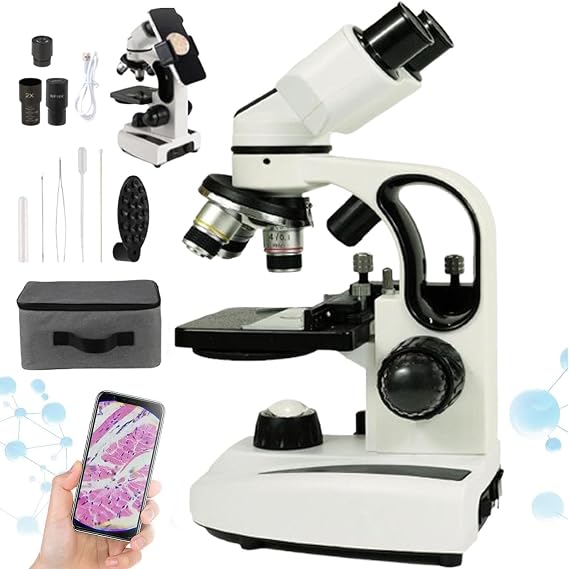 Binocular Microscope,40x-2000x Led Lighting Compound Microscope For Kids Students Adults School Laboratory Home Education With Phone Adapter/360° Rotatable Head,White