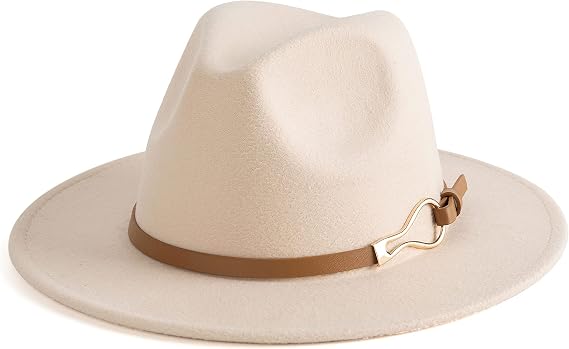 Fashion Women Wide Brim Fedora Floppy Panama Hat | Teardrop Brown Belt Buckle, Adjustable Strap Inside, Breathable Sweatband Inside, Ideal For Party, Wedding, Trip