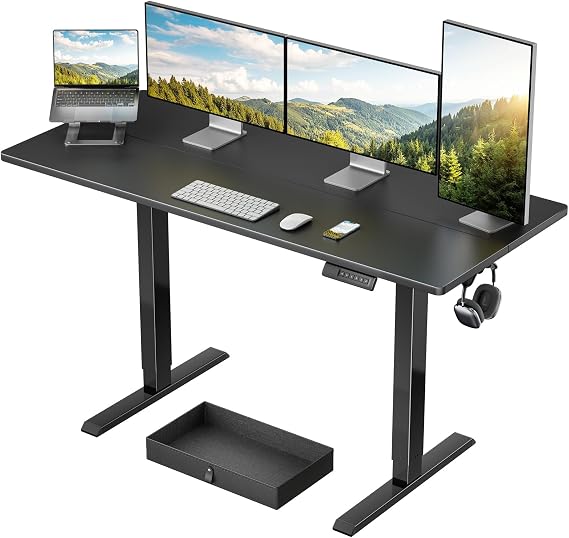 Marsail Electric Standing Desk with Drawer, 55 x 24 Electric Stand Up Desk, Ergonomic Adjustable Desk with Storage, Headphone/Bag Hooks, Computer Desk for Home & Office with Cable Management,Black