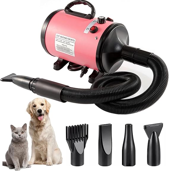 Dog Hair Dryer Pet Dryer 2800 W Blower Dog Hair Dryer Very Quiet Adjustable Speed and Heat Dog Dryer Pet Dog Grooming Hair Dryer Blower with 4 Different Nozzles (Pink)