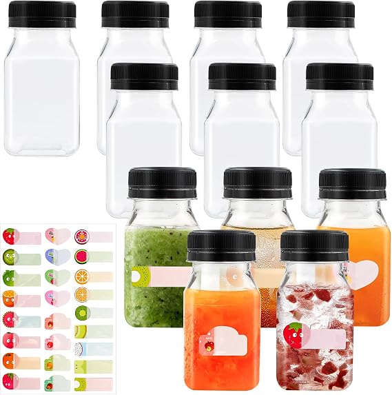 12pcs Mini Plastic Juice Bottles, 120ml Plastic Shot Bottles with Lids, Mini Juice Bottles Reusable Shot Bottles for Smoothie Juice Fridge, Milk, Water (Black)