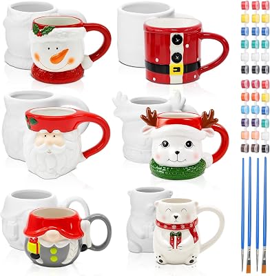 Vesici Set of 6 Christmas Ceramic Mugs Paint Your Own Mugs Craft Kit DIY Plaster Cups Santa Snowman Elk Polar Bear for Adults with Painting Set Gifts for Christmas Party Favors Craft Art Decoration