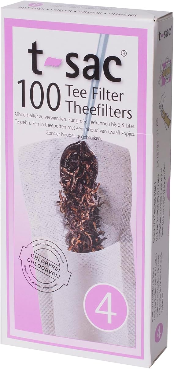 T-Sac Tea Filter Bags, Disposable Tea Infuser, Number 4-Size, 6 to 12-Cup Capacity, Set of 100, White