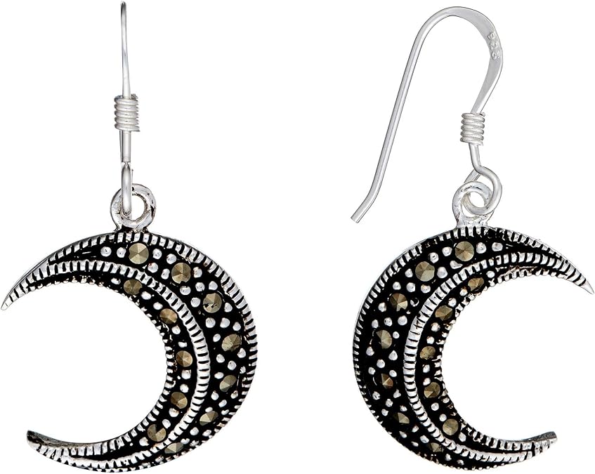 Silverly Sterling Silver Marcasite Crescent Moon Dangle Earrings Sparkly 925 Silver Half-Moon Earrings - Witchy Gothic Design - Celestial Wiccan Jewelry for Women - Mystical Symbol Gift