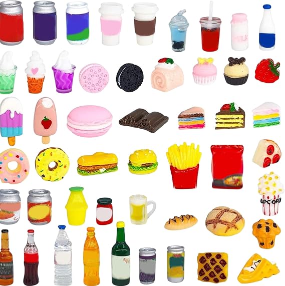MUNKST 50 Piece Miniature Gnome Accessory Set, Mini Resin Food Drinks Sweets for Dollhouse Gnome Door Decoration, DIY Miniature World & Toy Kitchen Accessories