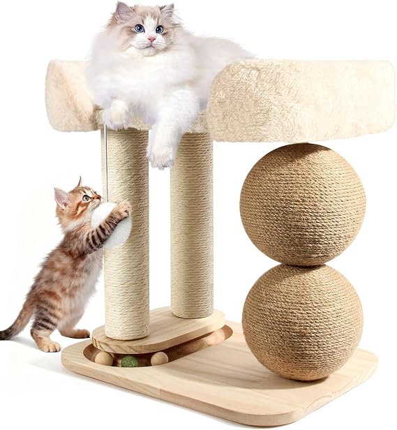 Small Cat Tree for Indoor Cats, Cat Tree Tower with Sisal Cat Scratcher, 5 in 1 Cat Tower with Playful Toy Ball, Cat Scratching Post with Bed for Kitten and Cats