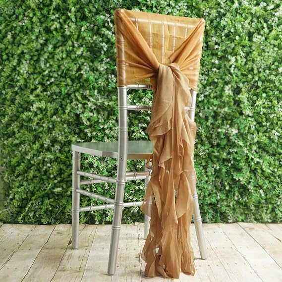 Tableclothsfactory 1 Set Gold Premium Designer Curly Willow Chiffon Chair Sashes for Home Wedding Birthday Party Dance Banquet