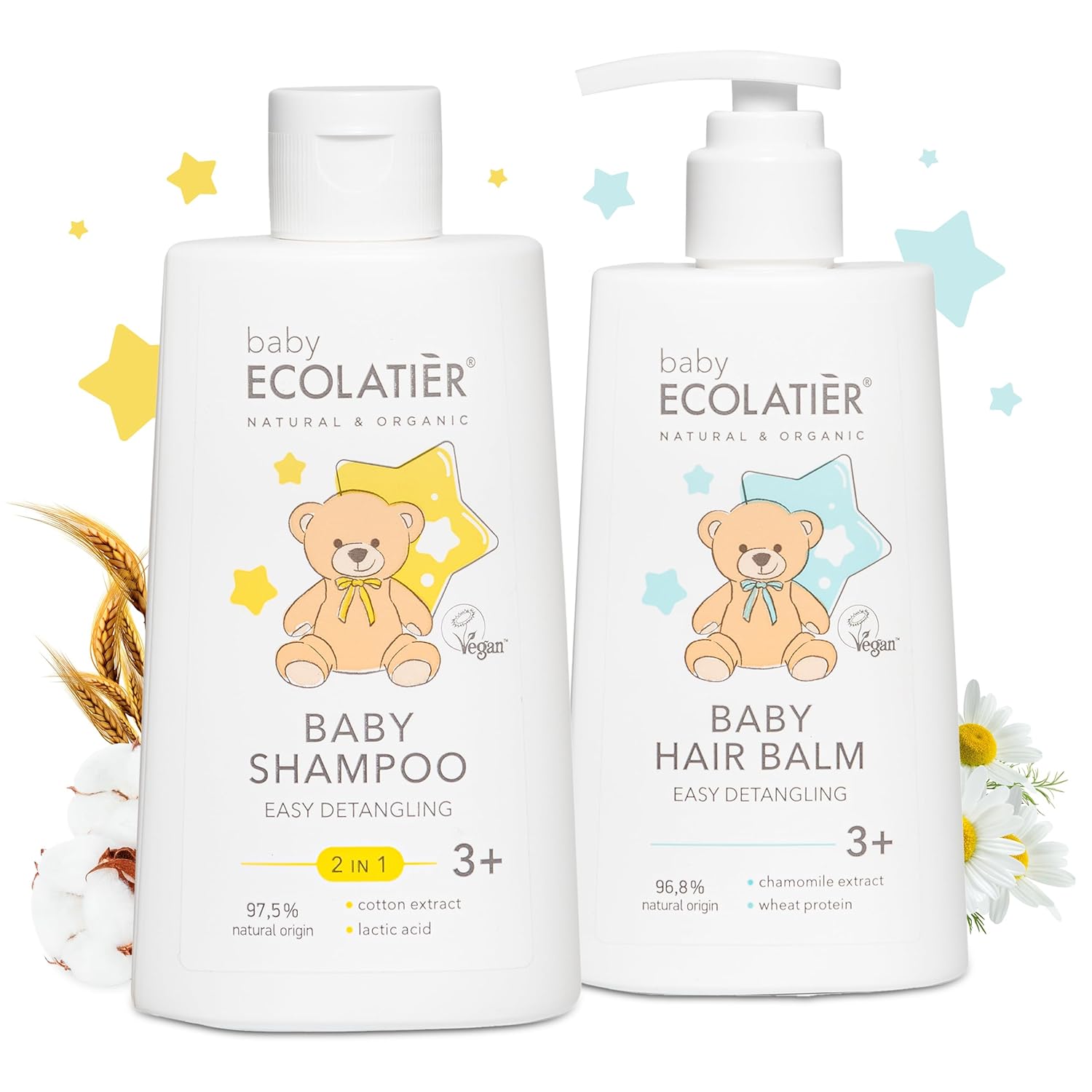 ECOLATIÈR Kids Shampoo & Conditioner Bundle 2 in 1 Easy Detangling for Kids 3 | Gentle Toddler Shampoo & Baby Hair Balm with Chamomile, Cotton Extract & Worry-Free Ingredients