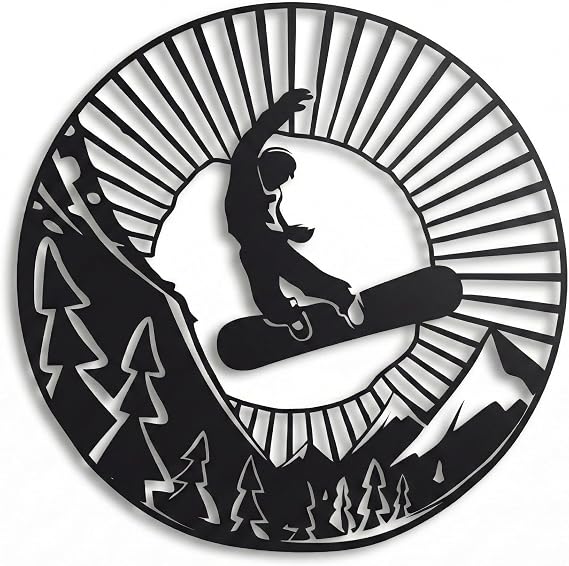 DEKADRON Metal Wall Art, Snowboard Wall Art, Metal Wall Decor, Snowboarder Silhouette, Mountain Tree Art, Wall Hanging (30" W x 30" H / 75x75 cm)