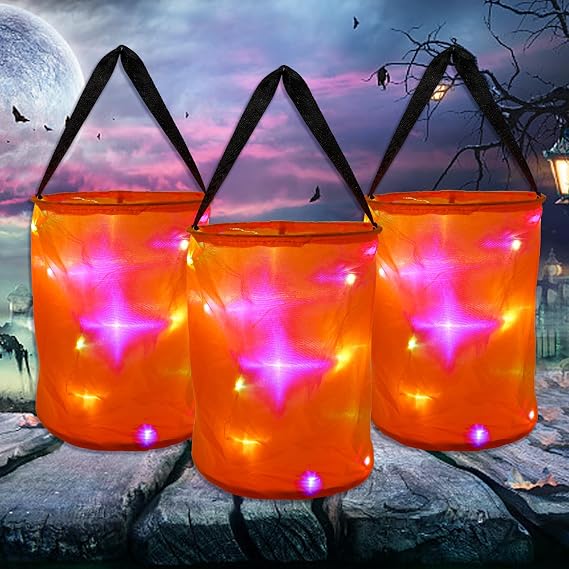 CCINEE 3 Pcs LED Light Halloween Candy Bags, Light Up Multipurpose Halloween Trick or Treat Bucket for Halloween Party Favors Goodie Bags,Orange