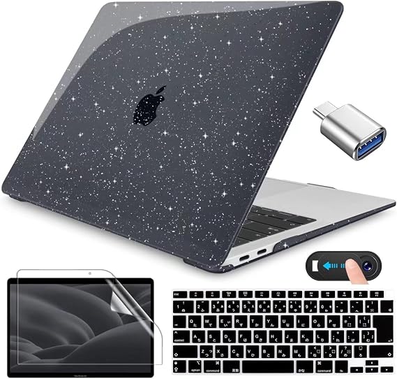 CISSOOK MacBook Air 13 Inch Case 2021 2020 Black Glitter Cover Black Glitter Mac Book Air 13 A2337 M1 A2179 Compatible Stylish Shell Cover Slim Japanese JIS Layout Keyboard Cover + Screen Film +