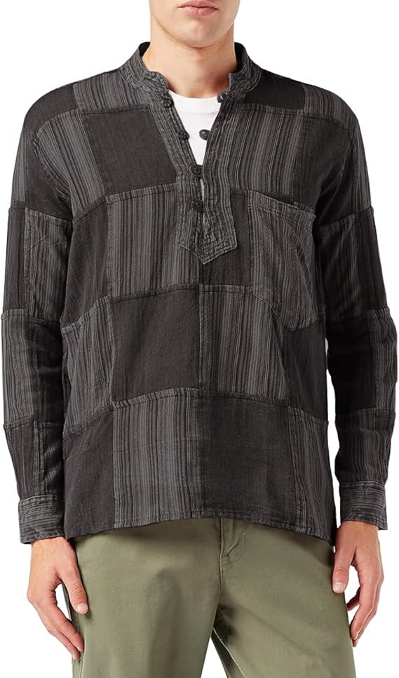 Shopoholic Fashion Mens Stonewashed Plain Stripe Patch Hippie Shirt