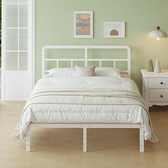 Lutown-Teen Metal Super King Bed Frame with Headboard, 36 cm High, White