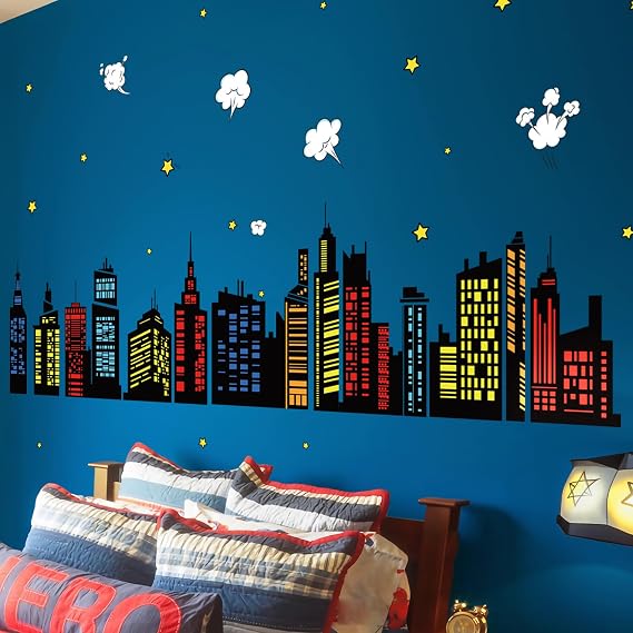 decalmile Colorful City Skyline Building Silhouette Wall Decals Stickers