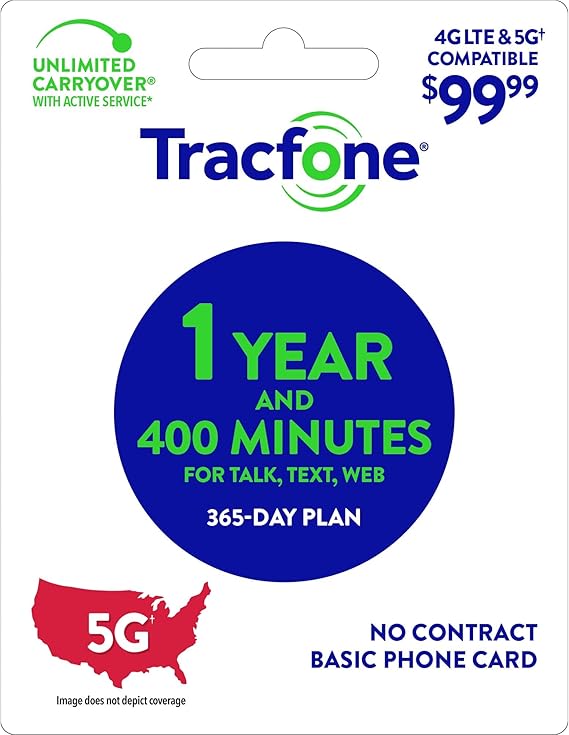 Tracfone $99.99 Annual Prepaid Card: 400 Talk Minutes / 365 Service Days (Basic Phones Only) [Physical Card]