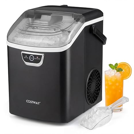 COSTWAY Nugget Ice Maker Countertop with Handle, 33Lbs/24H Chewable Ice | Ready in 6 Mins, Auto-Cleaning, Audible Ice Full Alarm, Portable Sonic Ice Machine for Home Kitchen Office, Black